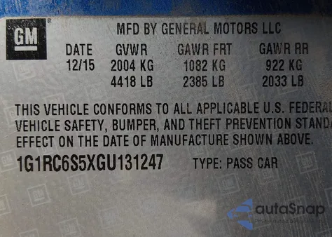 2016 Chevrolet Volt Lt z USA, uszkodzony, nr VIN 1G1RC6S5XGU131247